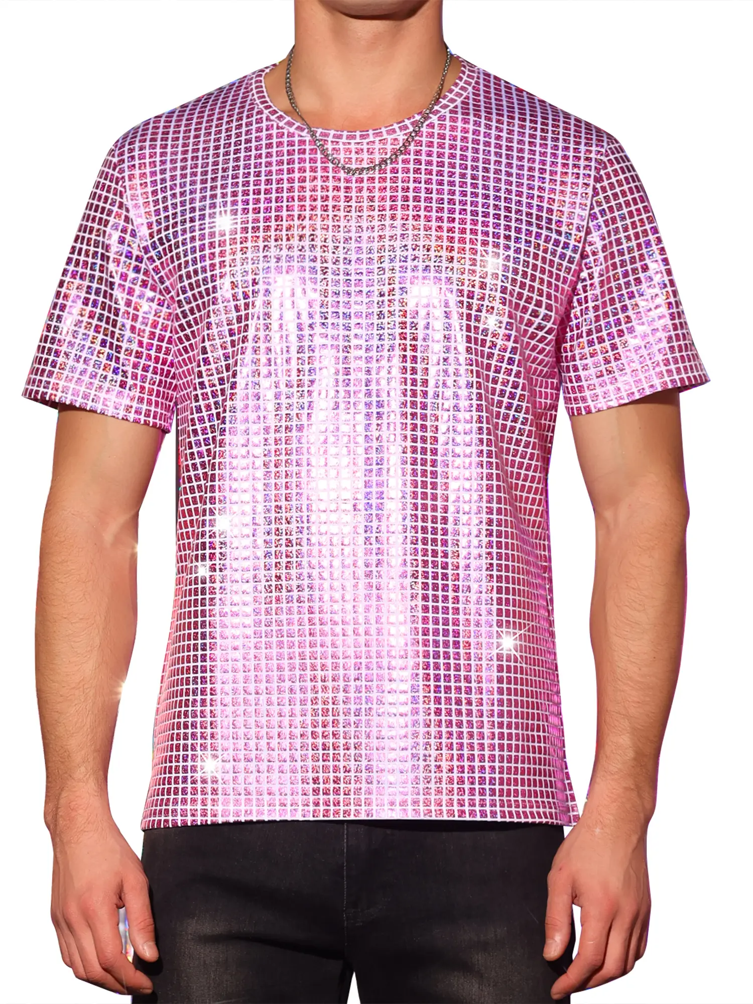 INSPIRE CHIC Metallic T-Shirt for Men's Round Neck Short Sleeves Sparkle Glitter Tee