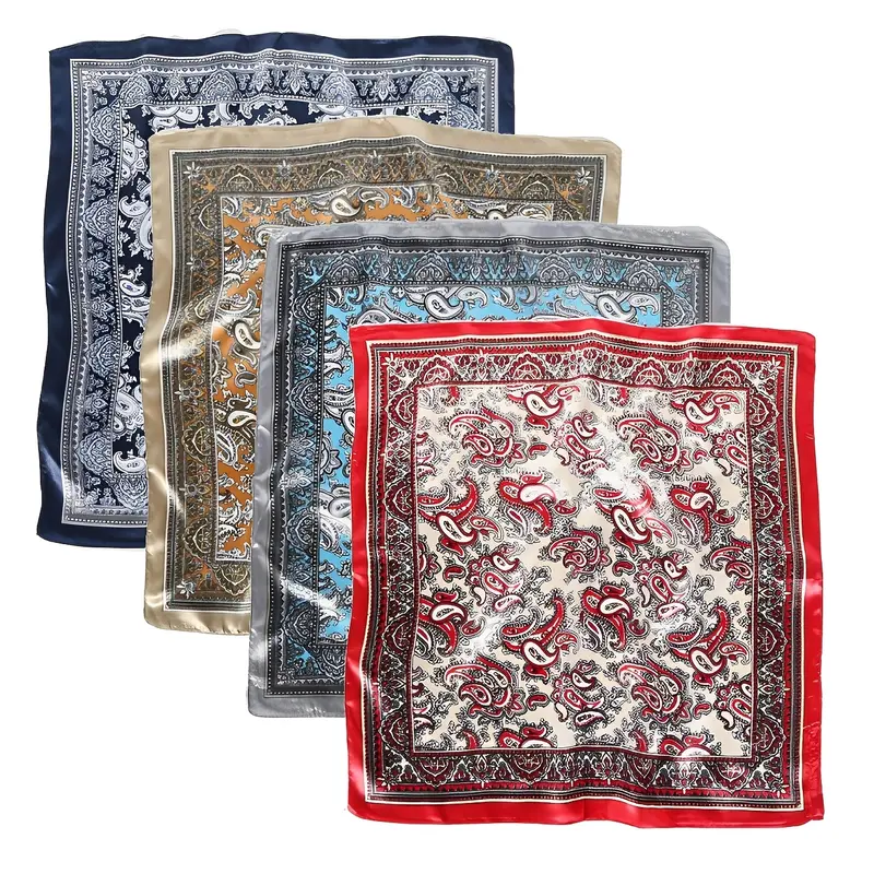 Women's Printed 4-Piece 23'' (60cm x 60cm) Square Satin Scarves - All-Seasons Multi-Use Fashion Accessory for Ceremony, Cool Evening, Casual & Party Looks, Silky Hair/Neck Scarf for Women