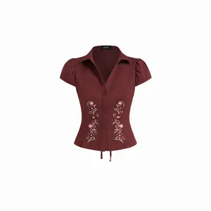 Cider Cotton Floral Embroidery Puff Sleeve Blouse