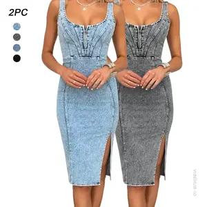 2PC Denim Dress for Women Sleeveless Side Slit Bodycon Midi Jean Dresses for Women  Y2K Denim Corset Midi Dress |   Sleeveless Slit Bodycon Dress for Party, Club & Daily Wear
