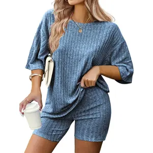 Plus Size EKOUAER  Women's  2 Piece Tracksuit Outfits Sets Ribbed Knit Sets Short Sleeve Top Drawstring Casual Shorts Set