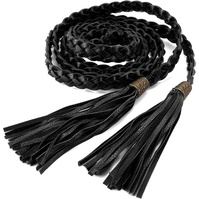 Women's Tassel Braided Rope Belt PU Leather  Belt Thin Woven Boho Waistband For Dress Jeans