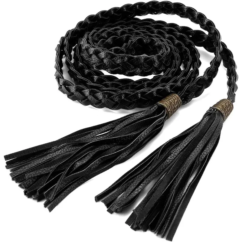 Women's Tassel Braided Rope Belt PU Leather  Belt Thin Woven Boho Waistband For Dress Jeans