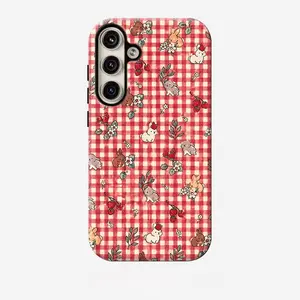 Rabbit plaid film 2‑in‑1 phone case compatible with Samsung Galaxy S26, S25, S24, S23, S22, S21, S21+, S21 Ultra Plus, FE, Edge, S20, A15, A16, A17, A23, A32, A34, A35, A36, A52, A53, A54, A55, A56; full coverage drop protection; stylish minimalist unisex
