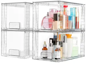 Storage Drawers  4 Pack Large Stackable Easily Assemble Acrylic Bathroom Closet Undersink Organizers and Storage,Plastic Bins for Kitchen Cabinets,Pantry,Makeup,Medicine Organization