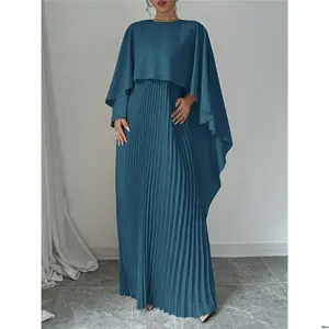 Sleeve Poncho Neck Round Color Solid Elenzga Elegant Women Pleated Dress Maxi Outfit