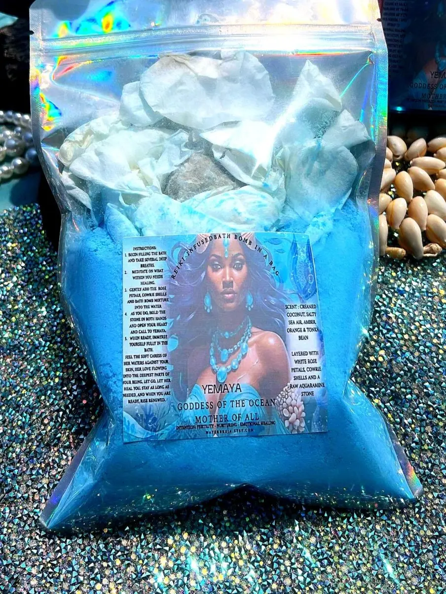 Yemaya Bath Bomb In A Bag Ocean Goddess Ritual Soak Spiritual Bath Self Care Gift Divine Feminine Self Care Blue Ocean Bath Gift Handcrafted Vegan Cruelty Free Crystal Charged Water Safe Blend