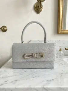 Elegant Silver Color Glitter Bow Decor Top Handle Handbag, Luxury Shiny Evening Clutch for Women, Perfect for Weddings, Parties, Proms