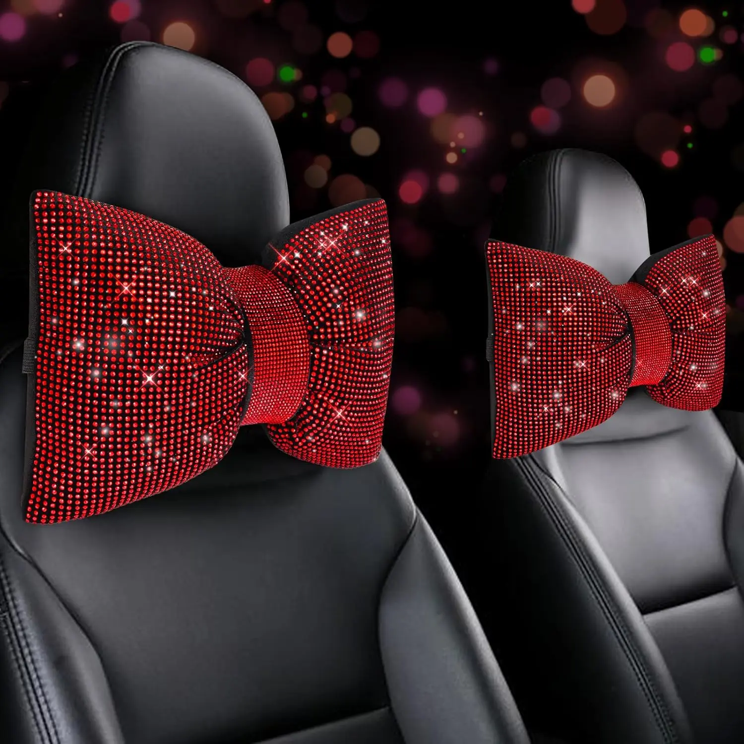 Women's 2-PCS Bling Car Neck Pillow Set - Rhinestone Bowknot Headrest Pillows, Soft Plush Machine Washable, Fits Cars, Shiny Interior Decoration for Driver Relaxation Support