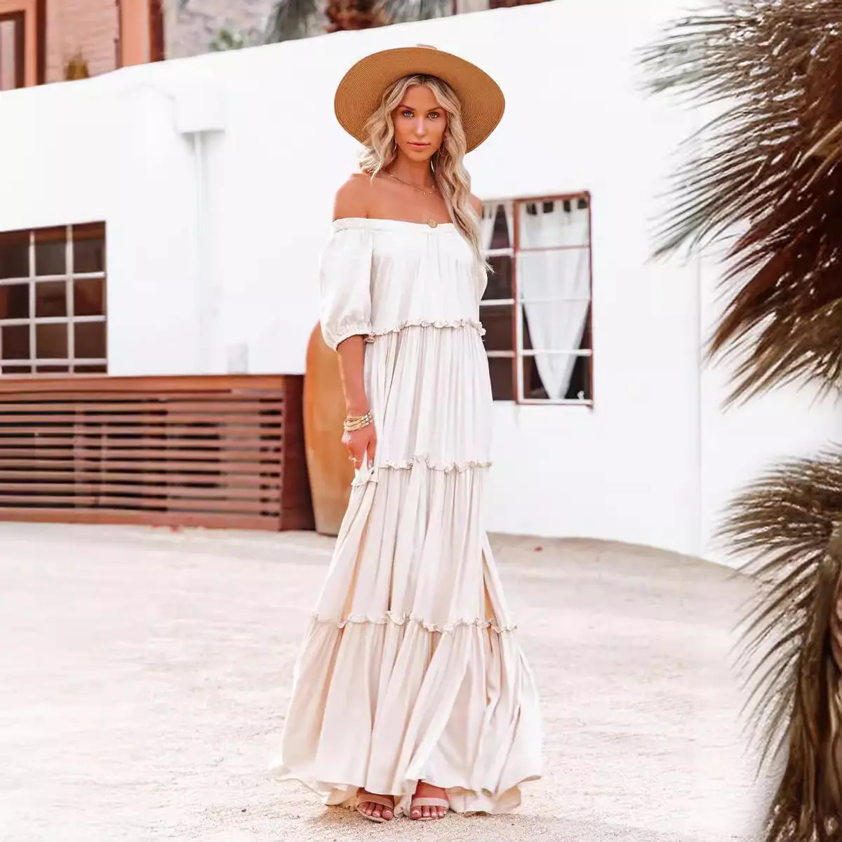 Women's Off Shoulder Puff Sleeve Maxi Dress, Ruffled Tiered Flowy Long Dress for Beach Wedding Guest Vacation Casual Occasions
