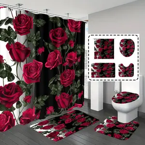 [Popular Choice]1pc/4pcs, bathroom curtains shower, bathroom set, shower curtains, bathroom rug, home decoration, bathroom mat, rose pattern, romantic theme decoration, bathroom set, with 12 hooks, Shower Curtain Sets