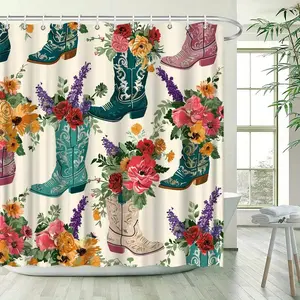 Western Cowboy Boots Shower Curtain - Turquoise Boots with Floral Patterns - Bathroom Decor for Country, Ranch, Halloween Party - Polyester Fabric with Hooks - Western Bathroom Window Decoration, Home Decorators