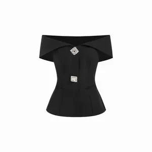 Cider Off-shoulder Houndstooth Collar Rhinestone Detail Cinched Waist Blazer