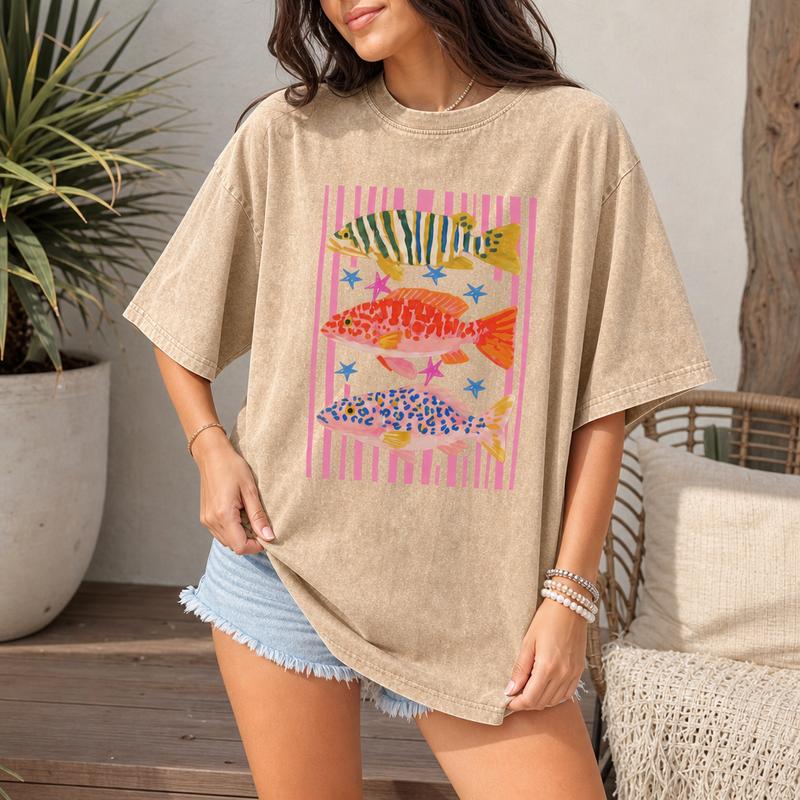 Colorful Folk Fish Graphic Tee for Women, Washed Cotton Oversized Coastal Art Shirt S-5XL