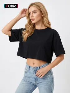 Women's Versatile Solid Color Short Sleeve Crop Top, Athleisure Round Neck Moisture-Wicking Cotton T-Shirt, Summer Lightweight Skin-Friendly Cropped Daily Outfit