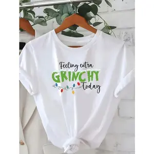 [100% Cotton] Women'S Plus Size Graphic T-Shirt. Inspired Christmas Design With "Feeling Grinchy Today" & Heart Print, Comfortable Medium Stretch Crew Sweatshirt, Hoodie, Comfort Colors