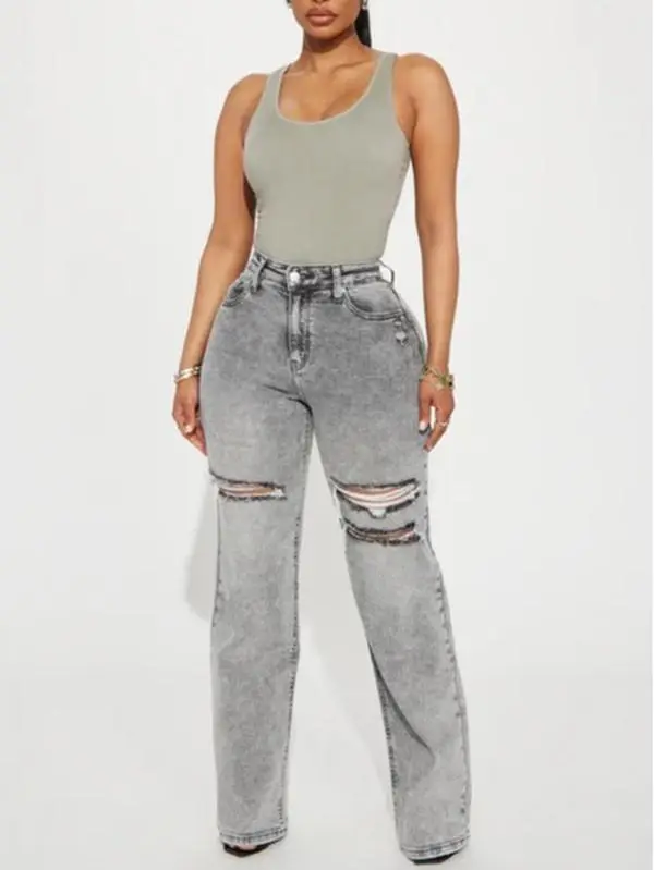 Remi Ripped Stretch Baggy Jeans - Grey
