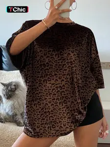 Women's Leopard Print Baggy Shoulder T-Shirt, Comfortable Fit for Daily Commute, Casual Wear, Stylish, Soft and Breathable Fabric