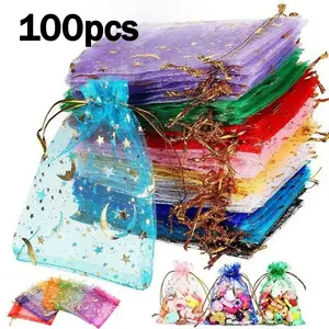 100pcs Random Color Gold Foil Star Moon Drawstring Sacks, Jewelry Bags, Gift Packaging Bags, Candy Bags, Party Favor Bags