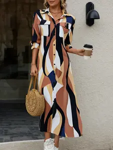 Plus Size High-Quality Geometric Long Shirt Dress, Loose Fit Lapel Casual Wear Dress for Outing and Office, Women's Plus Size Lapel Dress