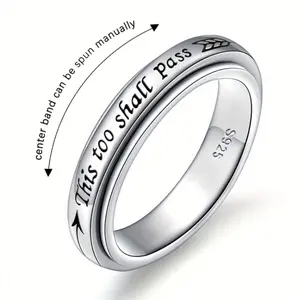 Sterling Silver 925 Rotating Ring - "This Too Shall Pass" Quote, Adjustable US Size 6-10, Classic Bohemian Style for Men and Women