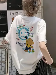 Women’s Cotton Longline Graphic Tee Cartoon Bear Print Shirt Back Print Casual Streetwear Soft Breathable Short Sleeve Crewneck Loose Fit Everyday Wear Summer Casual Aesthetic Fashion Top