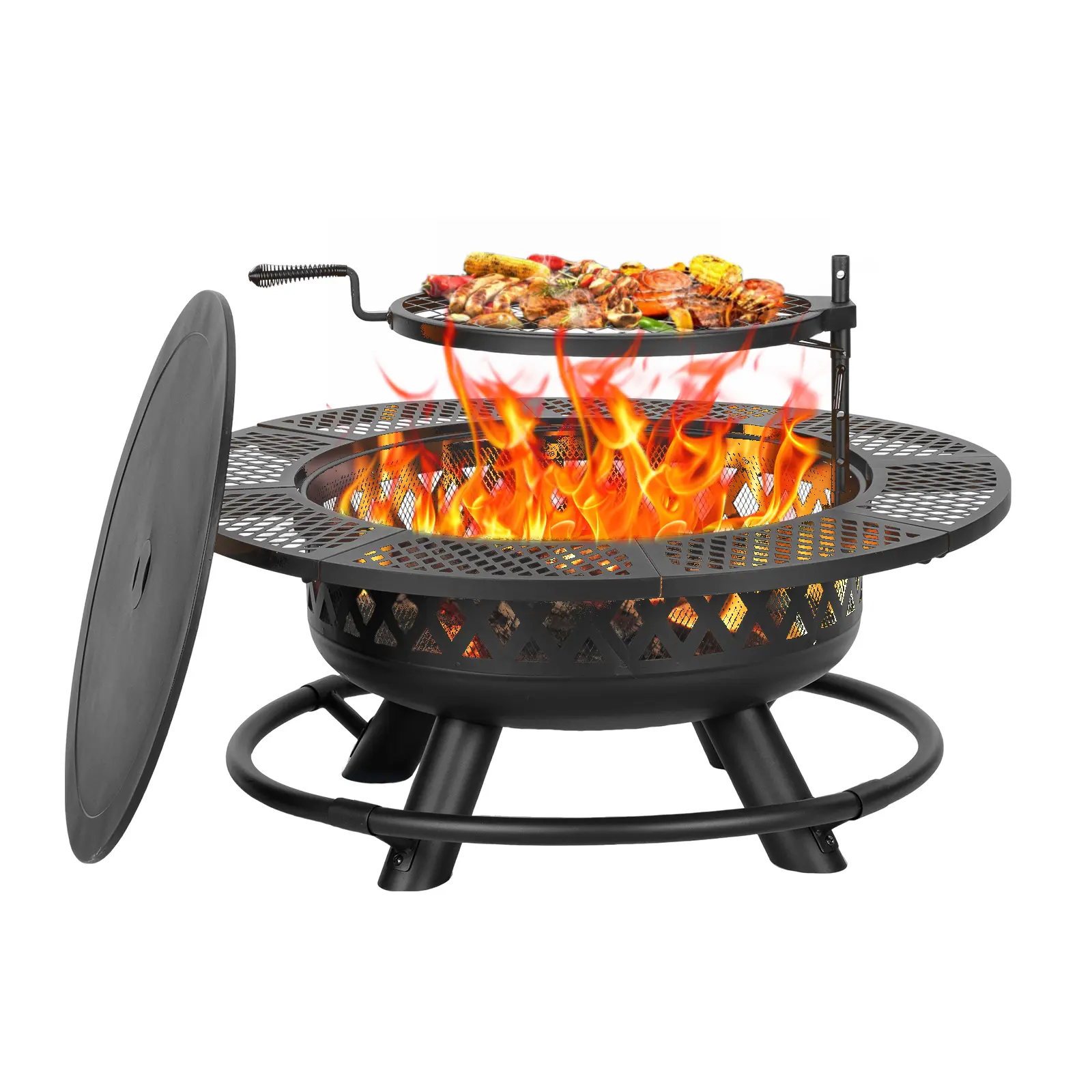 Outvue 36-Inch 3-in-1 BBQ Fire Pit with Lid and Fire Poker Modern Design Grill for Patio Bonfire Camping Classic Sturdy Home Garden