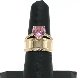 14K Gold Pink Heart CZ Plaque Ring 2 Band - Free Laser Engraving