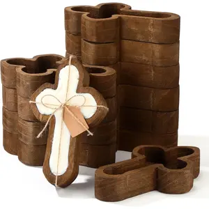 12 Pcs Rustic Hand-Carved Cross Wooden Dough Bowls with Cards Farmhouse Decor Tray for Cross Decor, Gifts
