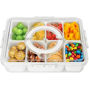 Snackle Box Container, 8 Divided Serving Tray with Lid and Handle, Portable Snack Containers, Travel Snack Box Containers, Large Snack Platters Snacklebox, Storage Organizer for Fruits, Charcuterie Kitchen Transparent