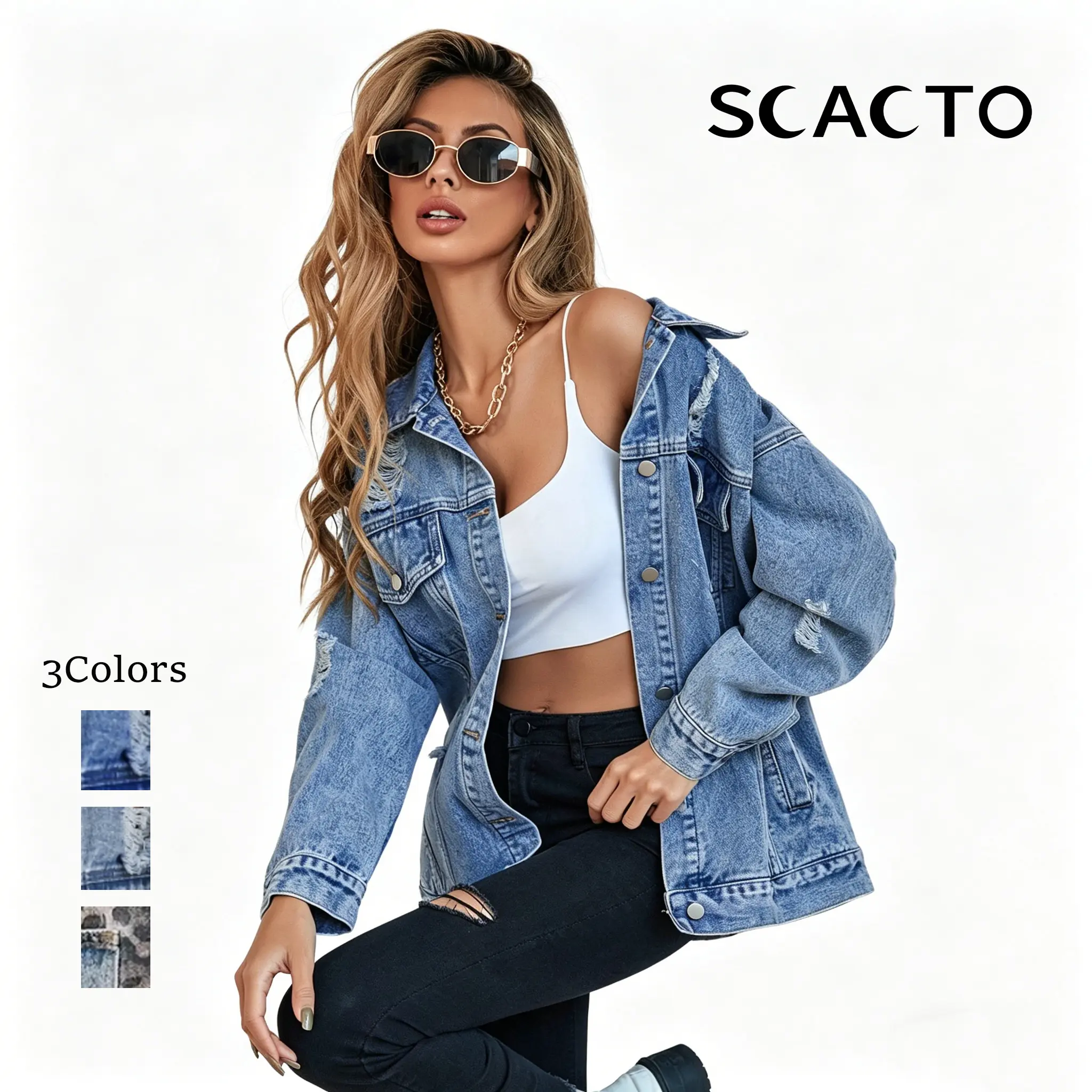 Scacto Women's Baggy Ripped Boyfriend Denim Jacket - Casual Oversized Long-Sleeve Cotton Jean Coat with Frayed Tassel Hem, for Everyday Layering Outfits, Cool Girl Style