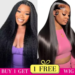 [Combo sale 32"&22"] buy 1 get 2 wig" 32Inch 13x4 Kinky Straight Wave Hair Lace Front Wigs + 13x4 22 Inch Straight Human Hair Hair Pre Plucked HD Transparent Lace Frontal Human Hair Wigs 180% Density