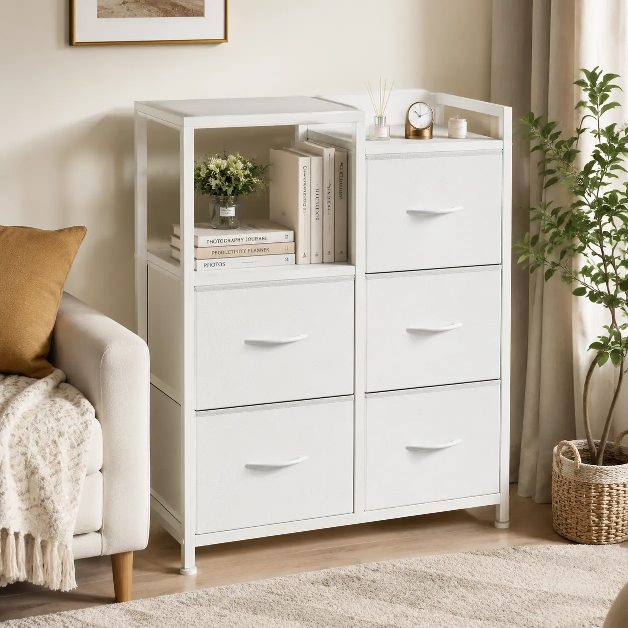Sweetcrispy 5-Drawer Fabric Dresser with 2-Tier Shelf - Modern Bedroom Dresser, Home Organization Storage Cabinet, Apartment Furniture for Room Storage & Clothes Organization