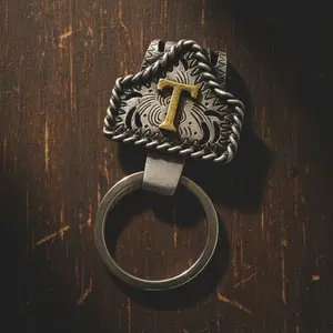 Handmade Cow Tag Belt Key Holder with Copper Initial – Custom Western Keychain, Texas-Inspired Fashion Accessory for Bags, Keys & Gifts