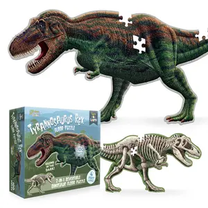 Tyrannosaurus Rex Dinosaur Jigsaw Puzzle | 100-Piece Double Sided Floor Puzzle with Glow-in-The-Dark Skeleton On Other Side | 4 FT Scientifically Accurate Dino Illustration | Educational Toy for Kids