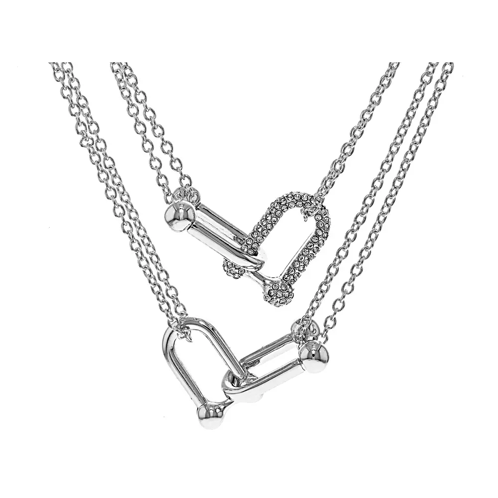 JTV White Crystal Silver Tone Multi-Row Stirrup Link Necklace