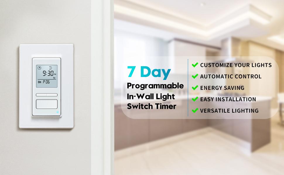 Ortis 7-Day Programmable in-Wall Timer Switch, Blue Backlight, Auto On/Off at Sunrise/Sunset, 3 Operating Modes and 7 Custom Schedules, Compatible with Fans and Motors, Neutral Wire Required