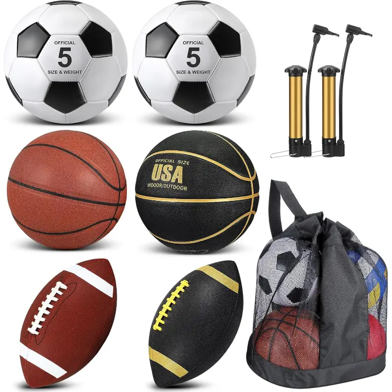 Sratte 6 Pcs Sports Balls Set for Teens Adults Includes Official Size Football, Soccer, Basketball with Pump Sports Equipment Bag for Training Practice Gift Back to School
