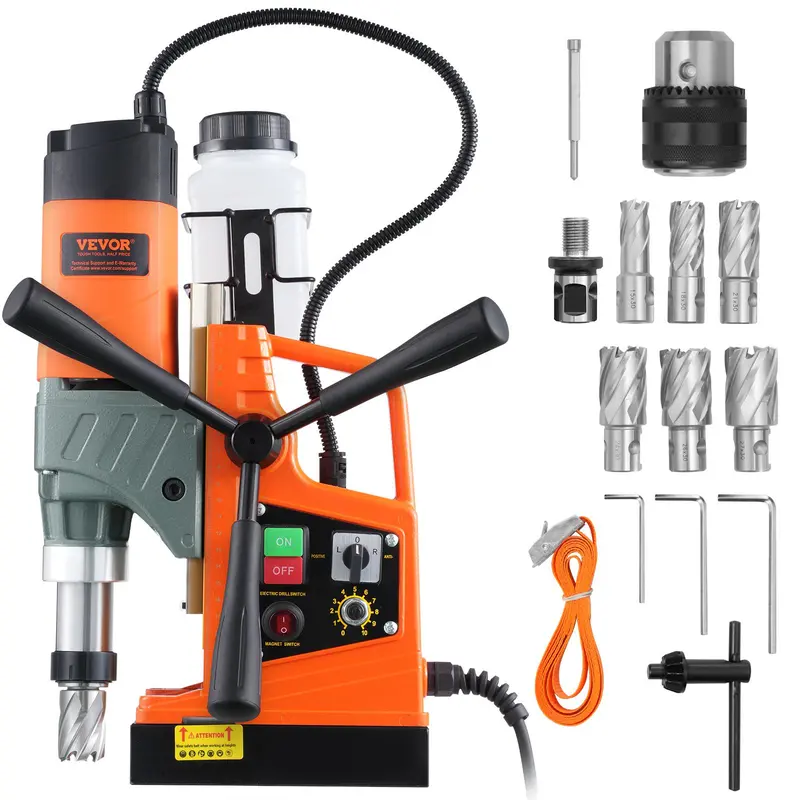 【Fallpicks】VEVOR Magnetic Drill Press, 1450W Electric Power Tool, 2" Boring Diameter, 12800N Portable Set with 6pcs Drill Bits, 10-Speed Gears, 0-800 RPM Variable Speed, Cooling System for Home Improvement, Equipment Installation
