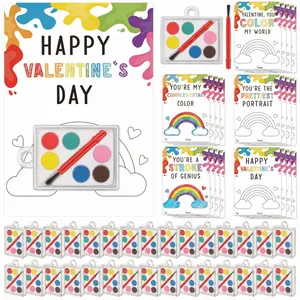 18/50 Pcs Valentine's Mini Watercolor Paint Cards Sets Kids Valentine's Art Gift Includes Valentines Gift Painting Cards  Brush Paint Sets with Adhesive Dots for School Classvalentines teacher students Party Gifts
