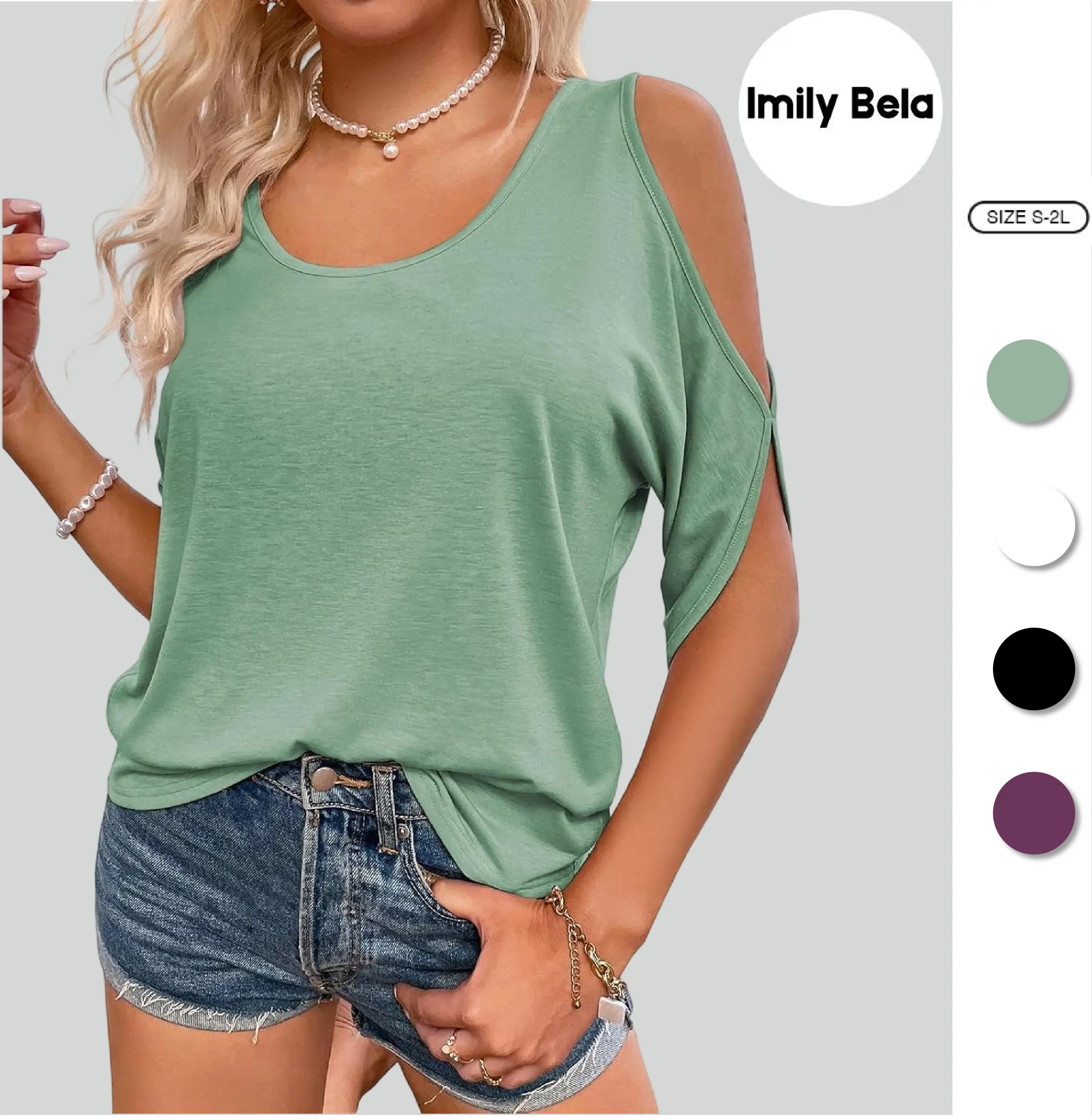 Imily Bela Women Cold Shoulder Tops Summer Short Sleeve Shirt Scoop Neck Tee Casual Loose Fitting Solid Color Tunic Top
