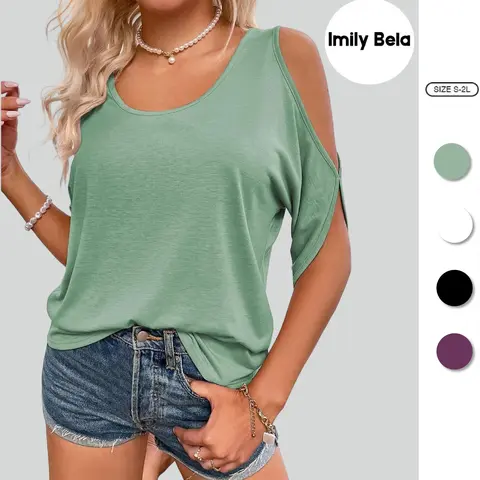 Imily Bela Women Cold Shoulder Tops Summer Short Sleeve Shirt Scoop Neck Tee Casual Loose Fitting Solid Color Tunic Top