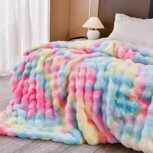 BEKRVIO Luxury Thick Faux Rabbit Fur heavy huge Blanket Fleece Reversible Soft Warm Mink Throw Plush Rainbow Gradient ideal seasonal gift adult cute
