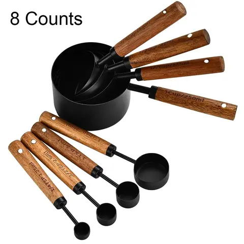 8-Piece Steel&Wood Measuring Cup & Spoon Set - Home Kitchenware with Wooden Handles, 1/2 Cup Size, Food-Safe Non-Toxic Non-Fading, Sturdy Black Glass Utensils for Dry/Liquid Baking & Dining