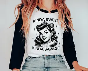 Retro Kinda Sweet Kinda Savage Unisex Shirt, Funny Sassy Shirt Available in Long Sleeve, Raglan or Short Sleeve  Womenswear Oversized Printed Crewneck Top