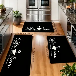 Coffee Bar Kitchen Rugs Set, Non-Slip Washable Floor Mats, Black & White "Coffee Bar" Print Runner Carpets for Kitchen, Coffee Bar & Farmhouse Decor