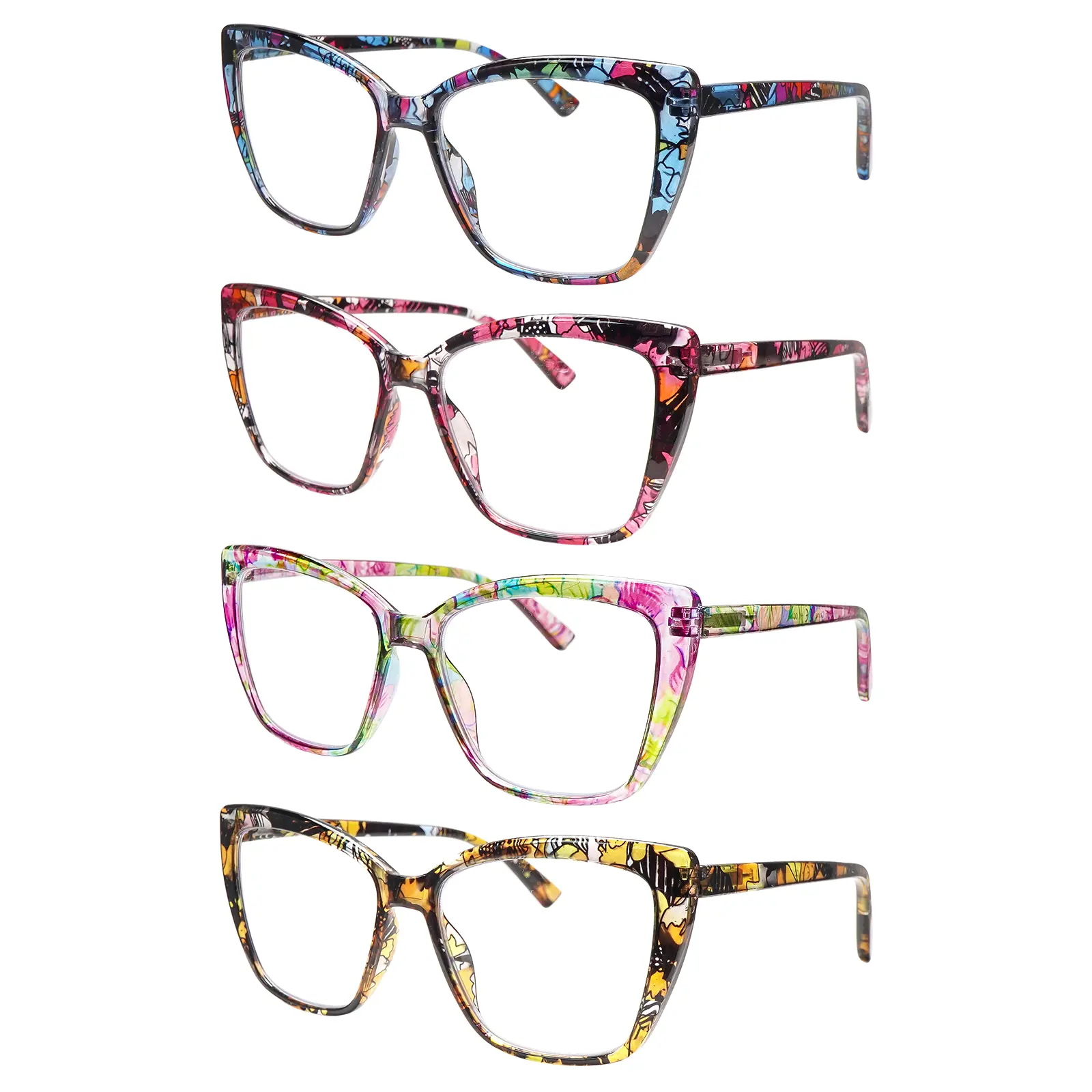 4 Packs Adjustable Mix Color Comic-Style Oversized Presbyopia Reading Glasses - Blue Light Blocking Lens, Sturdy Springs Metal Hinges, Flexible Material, Eye Strain Relief for Computer/Phone Use, Ideal Gift for Holidays or Birthdays, Fits Most Face Shapes