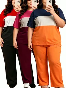 Women'S Large Size Color Block Casual Outfit - Comfortable Polyester Short Sleeve Top and Loose Wide Leg Pants Set, Machine Washable, Suitable for Fashion Casual Clothing, Plus Size Pants Women'S Plus Size Clothing