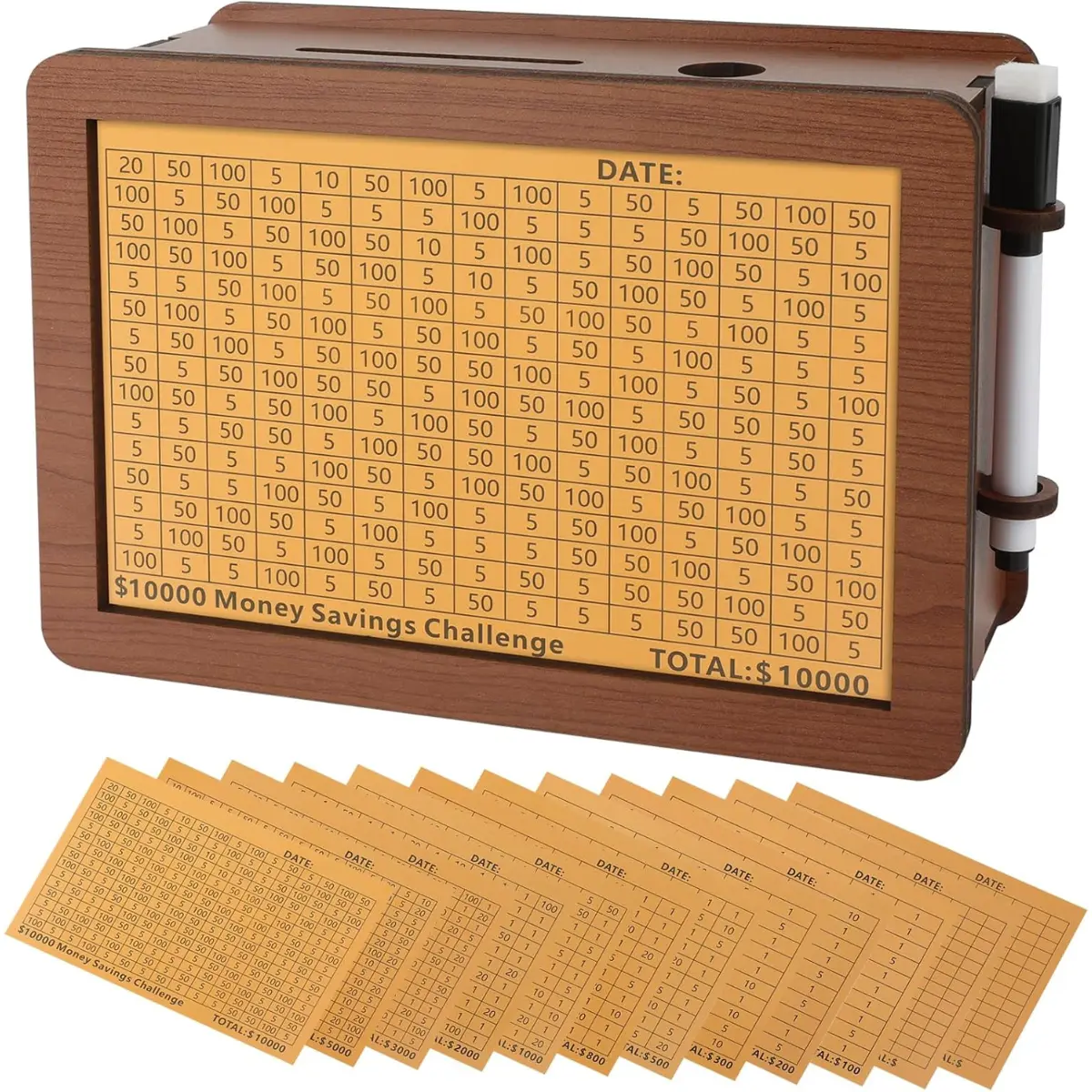 Wooden $10,000 Savings Challenge Box | Reusable Money Saving Bank with Progress Tracker | Educational Cash Vault for Kids & Adults