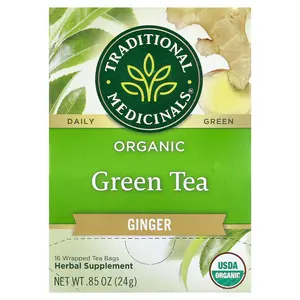 Traditional Medicinals Organic Green Tea, Ginger, 16 Wrapped Tea Bags, 0.85 oz (24 g)